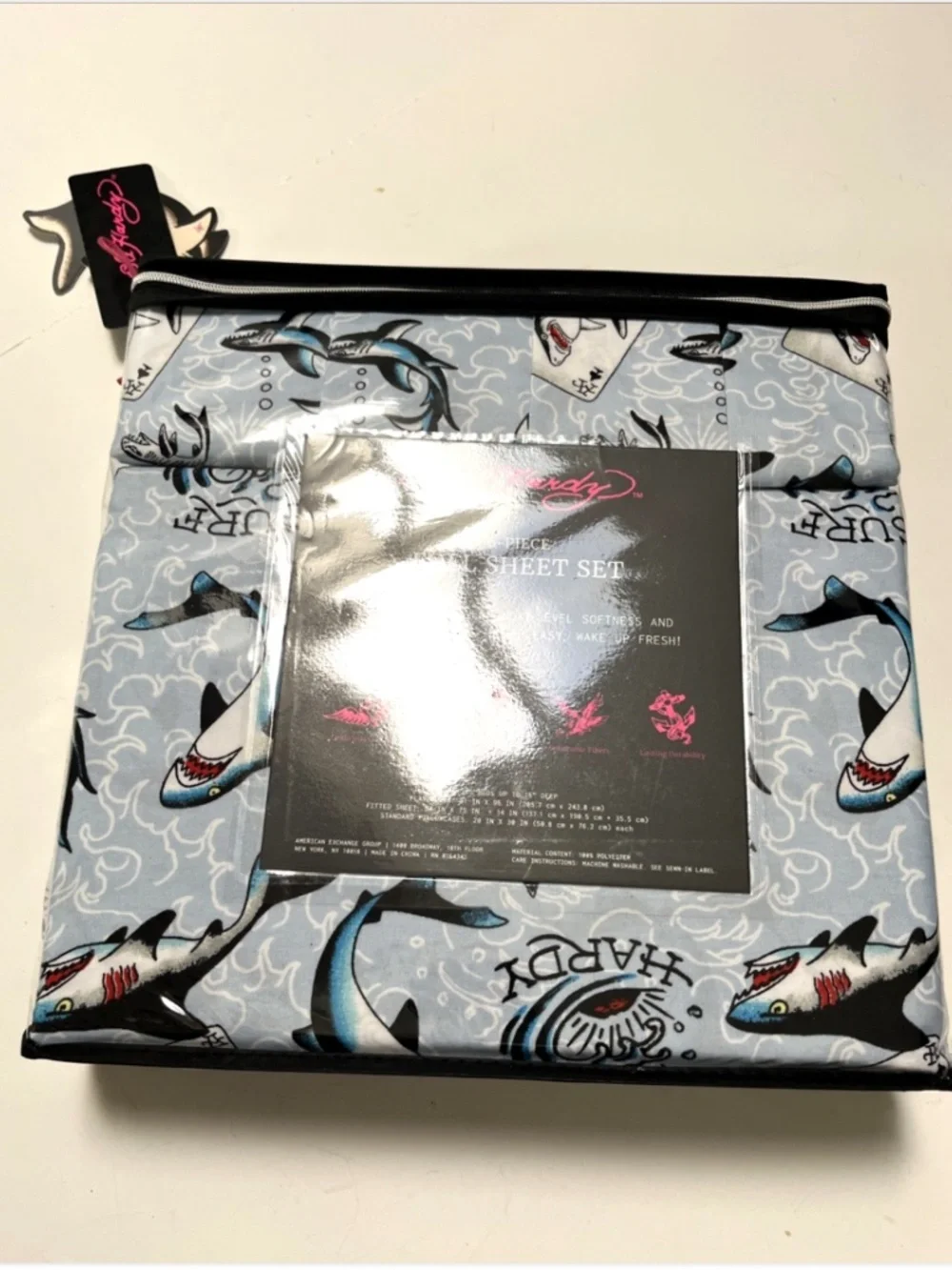Ed Hardy Shark Full Sheet Set 6 Piece Surf Tattoo Print Blue Bedding NWT
